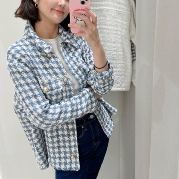 Zara Blue and Cream Tweed Jacket/ Overshirt XS - Picture 2 of 11